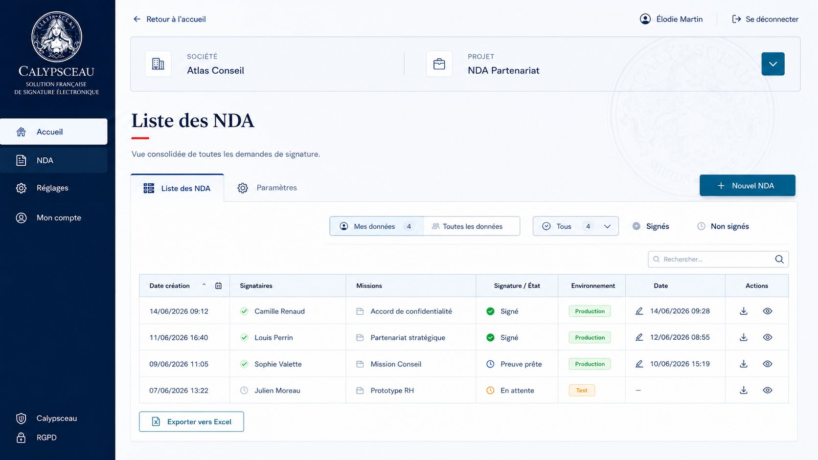 Interface CalyGED : liste des demandes de signature (NDA) avec signataires, statuts et accès aux dossiers de preuve.